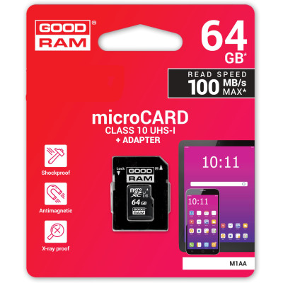Карта пам'яті GoodRam microSDXC 64GB Class 10 UHS I (M1AA-0640R12) + SD адаптер (6475884)