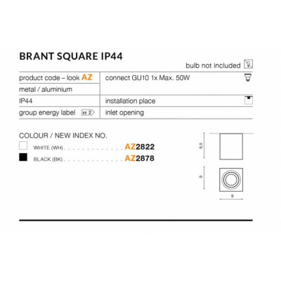 Точковий світильник AZzardo BRANT SQUARE IP44 (AZ2822) Точковий світильник AZzardo BRANT SQUARE IP44 (AZ2822)