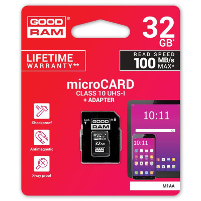 Карта памяти MicroSDHC 32GB UHS-I Class 10 Goodram + SD-adapter (M1AA-0320R12) Карта памяти MicroSDHC 32GB UHS-I Class 10 Goodram + SD-adapter (M1AA-0320R12)