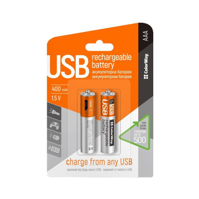 Аккумуляторы microUSB ColorWay (CW-UBAAA-01) AAA/HR03 Li-Pol 400 mAh BL 2шт Аккумуляторы microUSB ColorWay (CW-UBAAA-01) AAA/HR03 Li-Pol 400 mAh BL 2шт
