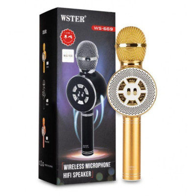 Детский микрофон Wster с функцией караоке USB, microSD, AUX, Bluetooth WS 669 Золотой Детский микрофон Wster с функцией караоке USB, microSD, AUX, Bluetooth WS 669 Золотой