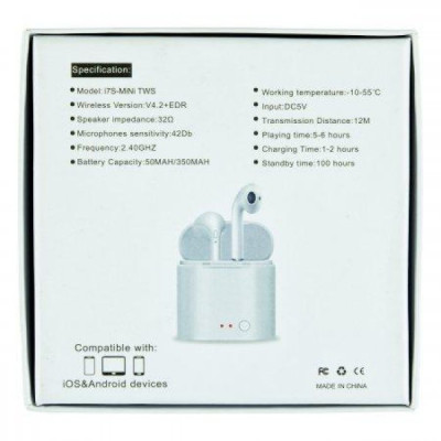 Бездротові блютуз навушники i7 Mini TWS з боксом для заряджання White (au043-hbr) Бездротові блютуз навушники i7 Mini TWS з боксом для заряджання White (au043-hbr)