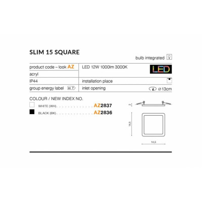 Точечный светильник AZzardo SLIM 15 SQUARE IP44 3000K AZ2836 Точечный светильник AZzardo SLIM 15 SQUARE IP44 3000K AZ2836