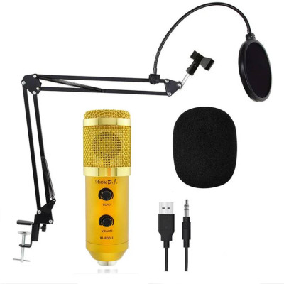 Студийный микрофон конденсаторный MUSIC KIT с держателем стойкой и защитой от ветра Music 800U настольный с усилением голоса Золотой