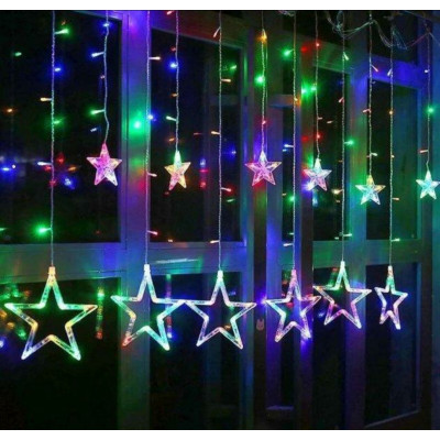Светодиодная гирлянда-штора Звезды для новогоднего декора Xmas stars 3м*80см*50см и 138 LED (12 звезд) свет ламп-RGB multicolor 8 режимов от сети 220 В