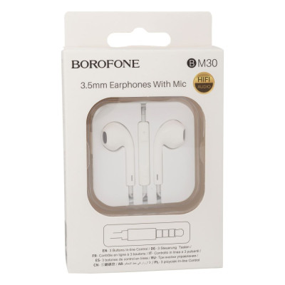 Дротові навушники Borofone 3.5 mm BM30 вакуумні з мікрофоном 1.2 m White Дротові навушники Borofone 3.5 mm BM30 вакуумні з мікрофоном 1.2 m White
