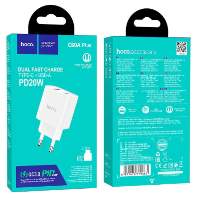 Зарядное устройство Hoco C80A Plus PD Type-C 20W QC 3.0 USB-A 18W Max 3.0A White Зарядное устройство Hoco C80A Plus PD Type-C 20W QC 3.0 USB-A 18W Max 3.0A White