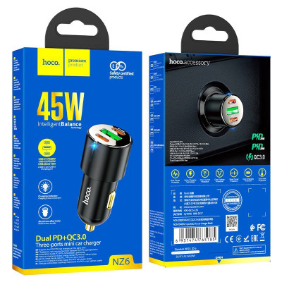 Мощное автомобильное зарядное устройство Hoco NZ6 USB Type-C 25W и 20W USB 18W Мощное автомобильное зарядное устройство Hoco NZ6 USB Type-C 25W и 20W USB 18W