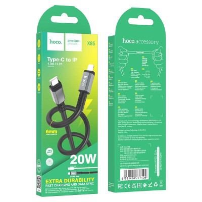 Кабель для зарядки hoco. X85 Strength Type-C на Lightning TPE PD 20W OD 6 мм 1 м Черный Кабель для зарядки hoco. X85 Strength Type-C на Lightning TPE PD 20W OD 6 мм 1 м Черный