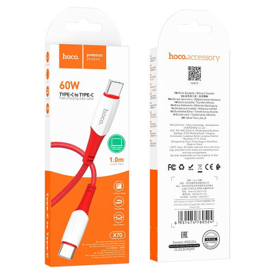 Кабель для зарядки hoco. X70 Ferry Type C на Type C ABS TPE 3A 60W 1.0 м/3.28ft Red