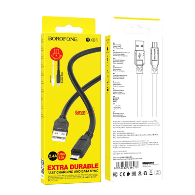 Кабель для зарядки и передачи данных Borofone BX81 Goodway USB на Micro-USB 1 m/3.28ft 2.4A Black Кабель для зарядки и передачи данных Borofone BX81 Goodway USB на Micro-USB 1 m/3.28ft 2.4A Black