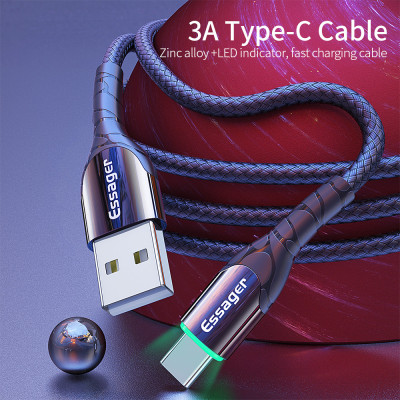 Зарядный кабель Zink чёрный с подсветкой ESSAGER USB Type-C 3A 1метр Зарядный кабель Zink чёрный с подсветкой ESSAGER USB Type-C 3A 1метр