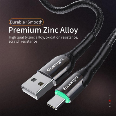 Зарядный кабель Zink чёрный с подсветкой ESSAGER USB Type-C 3A 1метр Зарядный кабель Zink чёрный с подсветкой ESSAGER USB Type-C 3A 1метр