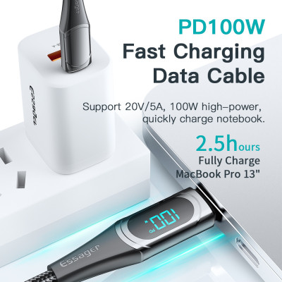 Зарядний кабель Digital Display ESSAGER 5A PD100W Type-C/Type C 1 метр Зарядний кабель Digital Display ESSAGER 5A PD100W Type-C/Type C 1 метр