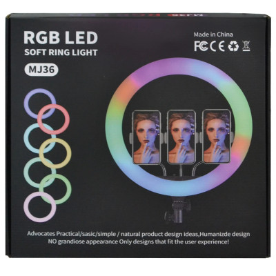 Кільцева світлодіодна LED лампа RIAS MJ36 RGB 36см Різнокольорова на 3 держателя USB дротове управління Кільцева світлодіодна LED лампа RIAS MJ36 RGB 36см Різнокольорова на 3 держателя USB дротове управління