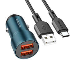 Автомобильное зарядное устройство Borofone BZ19 Wisdom QC3.0 metal 2USB 5V / 12W 2.4A USB - Type-C 1м Сапфирово-синий