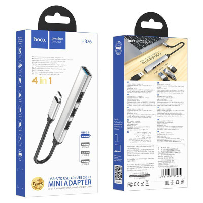 Хаб Hoco HB26 4-в-1 Type-C штекер на USB3.0 гнездо USB2.0*3 OTG Type C Silver Хаб Hoco HB26 4-в-1 Type-C штекер на USB3.0 гнездо USB2.0*3 OTG Type C Silver