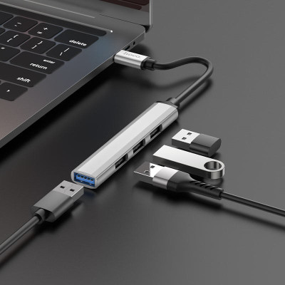 Хаб Hoco HB26 4-в-1 Type-C штекер на USB3.0 гнездо USB2.0*3 OTG Type C Silver Хаб Hoco HB26 4-в-1 Type-C штекер на USB3.0 гнездо USB2.0*3 OTG Type C Silver