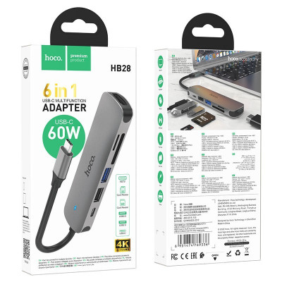 Адаптер Hoco HB28 Type C штекер на HDMI - USB3.0 - USB2.0 - SD - TF 4K 30Hz 60W 20V / 3A Адаптер Hoco HB28 Type C штекер на HDMI - USB3.0 - USB2.0 - SD - TF 4K 30Hz 60W 20V / 3A
