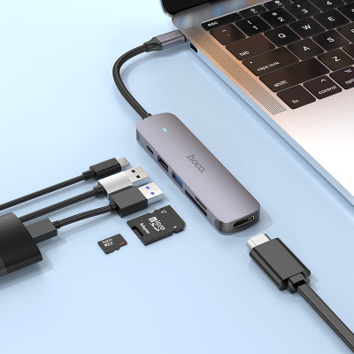 Адаптер Hoco HB28 Type C штекер на HDMI - USB3.0 - USB2.0 - SD - TF 4K 30Hz 60W 20V / 3A Адаптер Hoco HB28 Type C штекер на HDMI - USB3.0 - USB2.0 - SD - TF 4K 30Hz 60W 20V / 3A