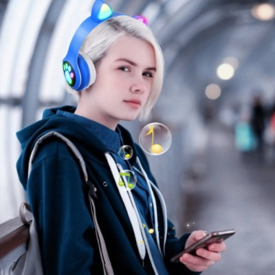 Наушники беспроводные Cat Ear VZV-24M Bluetooth с разноцветной LED подсветкой и кошачьими ушками Синие