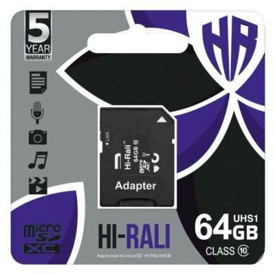 Карта памяти с адаптером Hi-Rali Micro SDXC 64gb UHS-1 Class 10 Черный Карта памяти с адаптером Hi-Rali Micro SDXC 64gb UHS-1 Class 10 Черный