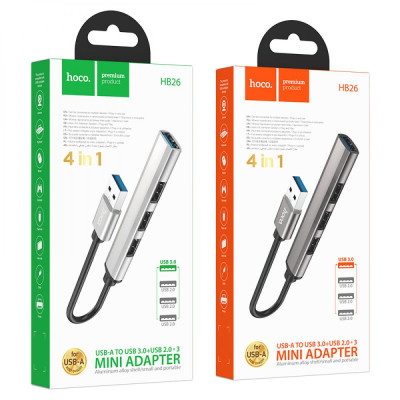 Переходник Hub Hoco HB26 адаптер 4-в-1 Type-C штекер на USB3.0 гнездо / USB2.0*3 Серый Переходник Hub Hoco HB26 адаптер 4-в-1 Type-C штекер на USB3.0 гнездо / USB2.0*3 Серый