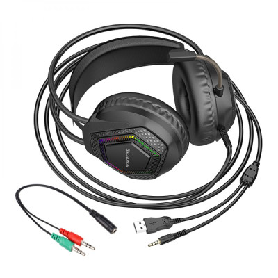 Игровые проводные наушники Borofone BO105 Thunder RGB подсветка,USB и Mini-Jack 3.5мм,с микрофоном Black Игровые проводные наушники Borofone BO105 Thunder RGB подсветка,USB и Mini-Jack 3.5мм,с микрофоном Black