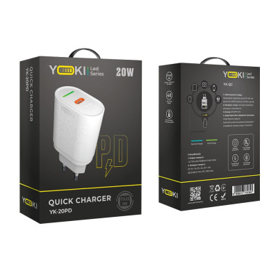 Зарядное устройство Yoki Led Series YK-20PD 20W Auto-ID QC3.0 AFC FCP 18W Max DC 5V⎓3A 9V⎓2.22A 12V⎓1.67A White Зарядное устройство Yoki Led Series YK-20PD 20W Auto-ID QC3.0 AFC FCP 18W Max DC 5V⎓3A 9V⎓2.22A 12V⎓1.67A White