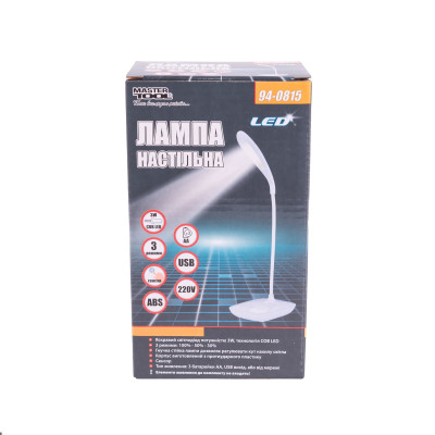 Лампа настольная сенсорный включатель MASTERTOOL 125х100х350 мм COB LED 3 режима USB 3xAA ABS White (94-0815)