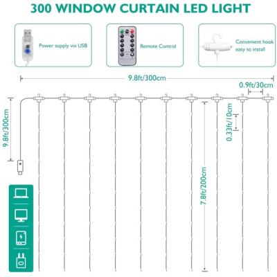 Светодиодная водонепроницаемая гирлянда-занавес Штора Sunnest 3*3м 300LED USB c Пультом (SUN-300L) Светодиодная водонепроницаемая гирлянда-занавес Штора Sunnest 3*3м 300LED USB c Пультом (SUN-300L)