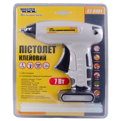 Пистолет клеевой аккумуляторный Ø 7,2 мм DC3.7V 1300mAh Капля-Стоп MASTERTOOL GM (42-0401) Пистолет клеевой аккумуляторный Ø 7,2 мм DC3.7V 1300mAh Капля-Стоп MASTERTOOL GM (42-0401)