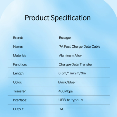 Зарядний кабель ESSAGER Sunset чорний USB Type-C 7A 1метр Зарядний кабель ESSAGER Sunset чорний USB Type-C 7A 1метр