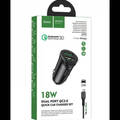 Комлект зарядного устройства от прикуривателя Hoco Z39 Farsighted USB QC3.0 18W QC /FCP /AFC USB/МicroUSB Черный