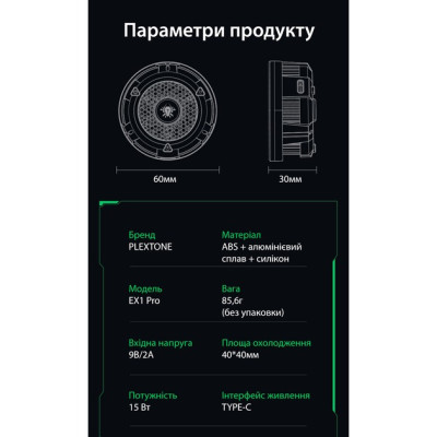 Магнітний напівпровідниковий радіатор-вентилятор активне охолодження Plextone EX1 PRO та напальчники MEMO pro Магнітний напівпровідниковий радіатор-вентилятор активне охолодження Plextone EX1 PRO та напальчники MEMO pro