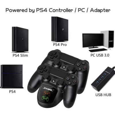 Зарядная док станция Dobe для DualShock 4 PS4 на 2 геймпада с LED подсветкой Черный Зарядная док станция Dobe для DualShock 4 PS4 на 2 геймпада с LED подсветкой Черный