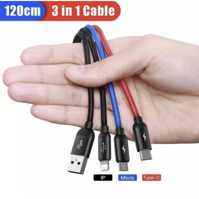 Універсальний USB кабель BASEUS 3 in 1 для заряджання пристроїв USB Type-C Micro USB Lightning 1.2 м Чорний Універсальний USB кабель BASEUS 3 in 1 для заряджання пристроїв USB Type-C Micro USB Lightning 1.2 м Чорний