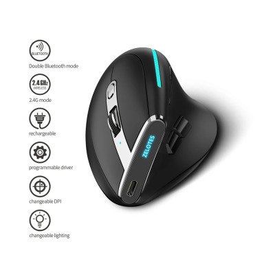 Вертикальная мышь беспроводная Zelotes F-36 с аккумулятором и RGB подсветкой 2,4G+Bluetooth Black Вертикальная мышь беспроводная Zelotes F-36 с аккумулятором и RGB подсветкой 2,4G+Bluetooth Black