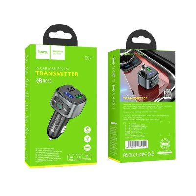 Автомобильный FM модулятор трансмиттер Hoco E67 BT5.0/2USB/3A/QC с быстрой зарядкой Автомобильный FM модулятор трансмиттер Hoco E67 BT5.0/2USB/3A/QC с быстрой зарядкой