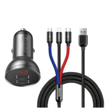 Автомобільний зарядний пристрій BASEUS TZCCBX-0G 2USB кабель Lightning/Micro/Type-C 24W 4.8A + вольтметр