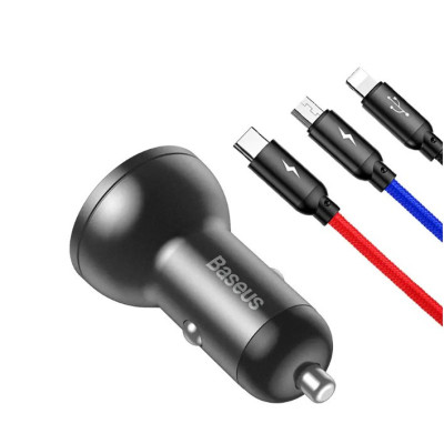 Автомобильное зарядное устройство BASEUS TZCCBX-0G 2USB кабель Lightning/Micro/Type-C 24W 4.8A + вольтметр Автомобильное зарядное устройство BASEUS TZCCBX-0G 2USB кабель Lightning/Micro/Type-C 24W 4.8A + вольтметр