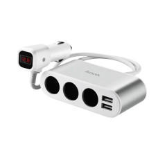 Автомобильный разветвитель автозарядка Hoco Z13 + вольтметр и 2USB серый