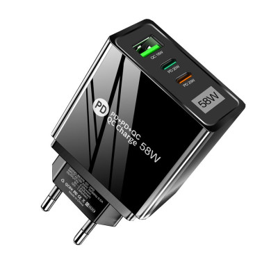 Сетевое зарядное устройство Mirrow USB 2-Type-C Super Charge/Quick Charge 3.0 PD 58W Black (FR050840)