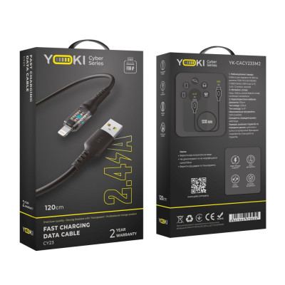 Кабель для заряджання та обміну даними USB Yoki YK-CY23 CYBER Series USB/Lightning 12W 2.4A/5V 1.2 m Чорний Кабель для заряджання та обміну даними USB Yoki YK-CY23 CYBER Series USB/Lightning 12W 2.4A/5V 1.2 m Чорний