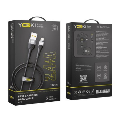 Кабель для зарядки и обмена данными USB Yoki YK-EX11 EXTRA Series USB/Lightning 12W 2.4A/5V 1.2 m Black Кабель для зарядки и обмена данными USB Yoki YK-EX11 EXTRA Series USB/Lightning 12W 2.4A/5V 1.2 m Black