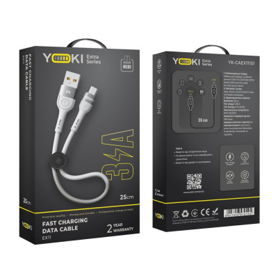 Кабель для заряджання та обміну даними USB Yoki YK-EX11 EXTRA Series USB/МicroUSB 60W 3A/20V 0.25 m White