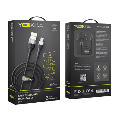 Кабель для зарядки и обмена данными USB Yoki YK-EX11 EXTRA Series USB/Lightning 12W 2.4A/5V 2 m Black Кабель для зарядки и обмена данными USB Yoki YK-EX11 EXTRA Series USB/Lightning 12W 2.4A/5V 2 m Black