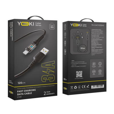 Кабель для заряджання та обміну даними USB Yoki YK-CY23 CYBER Series USB/Type C 60W 3A/20V 1.2 m Чорний Кабель для заряджання та обміну даними USB Yoki YK-CY23 CYBER Series USB/Type C 60W 3A/20V 1.2 m Чорний
