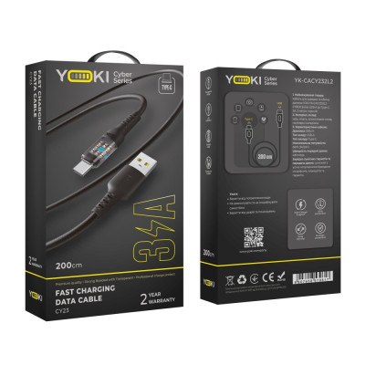 Кабель для зарядки и обмена данными USB Yoki YK-CY23 CYBER Series USB/Type C 60W 3A/20V 2 m Черный Кабель для зарядки и обмена данными USB Yoki YK-CY23 CYBER Series USB/Type C 60W 3A/20V 2 m Черный