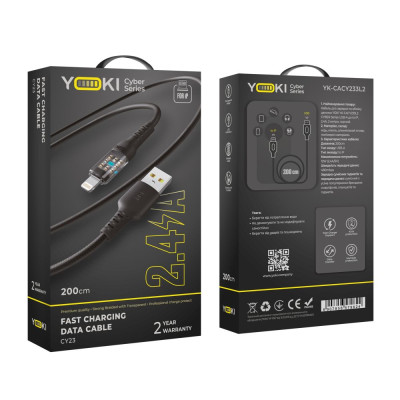 Кабель для зарядки и обмена данными USB Yoki YK-CY23 CYBER Series USB/Lightning 12W 2.4A/5V 2 m Черный Кабель для зарядки и обмена данными USB Yoki YK-CY23 CYBER Series USB/Lightning 12W 2.4A/5V 2 m Черный